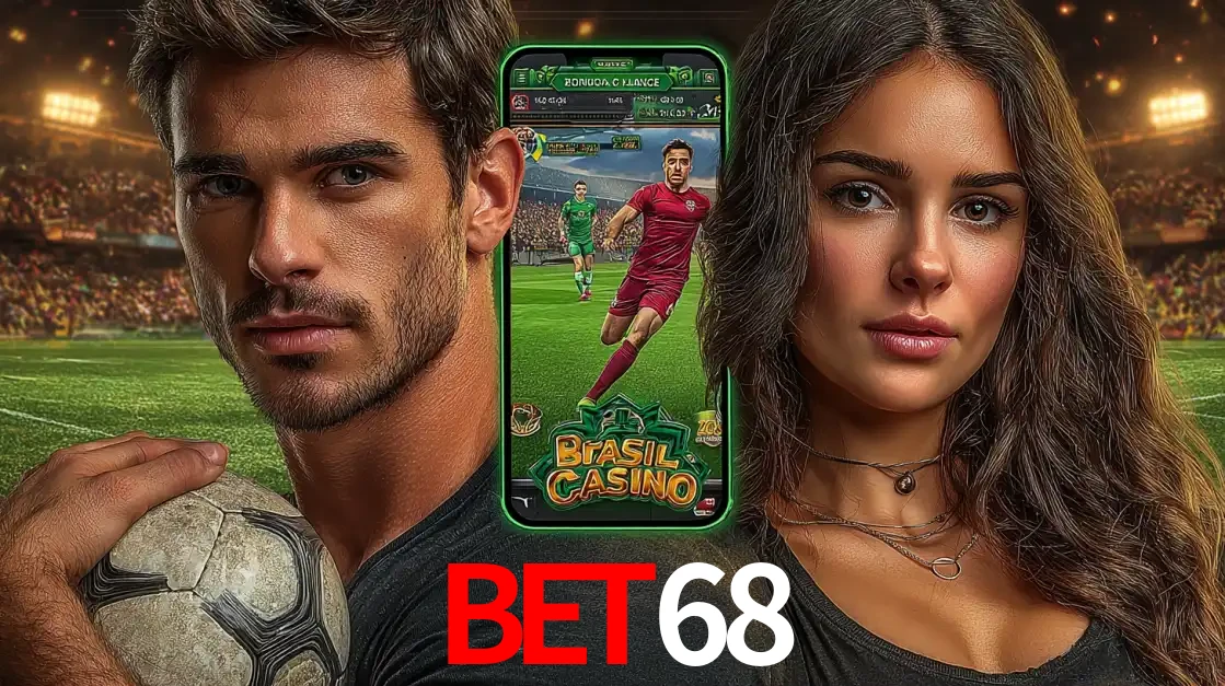 Homem segurando uma bola de futebol e uma mulher ao lado de um smartphone exibindo o jogo de apostas esportivas da BET68. Faça seu palpite no cassino online.